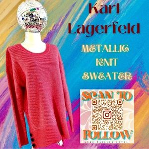 KARL LAGERFELD RED METALLIC SWEATER WITH BUTTON HEM DETAILING